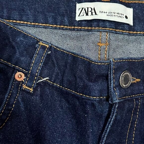 Zara Dark Wash Hi Waisted Straight Leg Jean Raw Hem Ankle Denim Jeans Pants - Picture 5 of 5